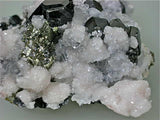 Calcite on Sphalerite with Pyrite and Rhodochrosite, Trepca Complex near Mitrovica, Kosovska Municipality, Kosovo, Mined 2015, Small Cabinet 2.5 x 7.5 x 7.5 cm, $200.  Online 5/29/15.SOLD