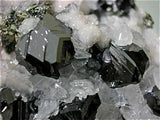 Calcite on Sphalerite with Pyrite and Rhodochrosite, Trepca Complex near Mitrovica, Kosovska Municipality, Kosovo, Mined 2015, Small Cabinet 2.5 x 7.5 x 7.5 cm, $200.  Online 5/29/15.SOLD