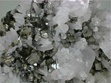 SOLD Calcite and Quartz on Arsenopyrite, Trepca Complex near Mitrovica, Kosovska Municipality, Kosovo, Mined 2015, Miniature 2.5 x 5.0 x 7.5 cm, $80.  Online 5/29/15.