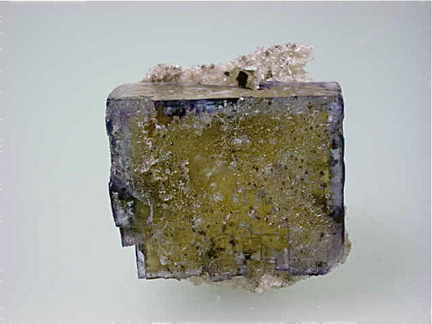 Calcite on Fluorite with Barite Inclusions, Rosiclare Level attr:  Minerva #1 Mine, Minerva Oil Company, Southern Illinois, Mined c. 1960s, Dr. Perry & Anne Bynum Collection, Small Cabinet 4.0 x 4.0 x 4.0 cm, $125.  Online 7/24. SOLD.