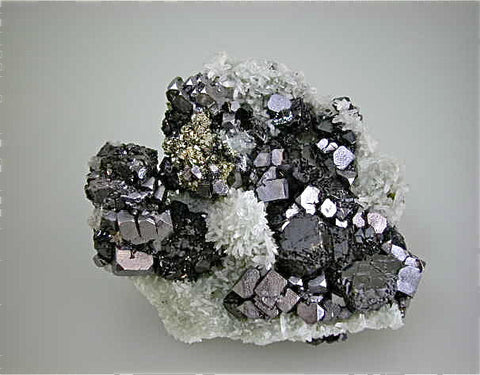 Galena and Sphalerite with Pyrite on Quartz, 9th of September Mine, Madan District, Smolyan Oblast, Bulgaria, Small Cabinet 2.5 x 8.0 x 8.7 cm, $250.  Online 6/6.