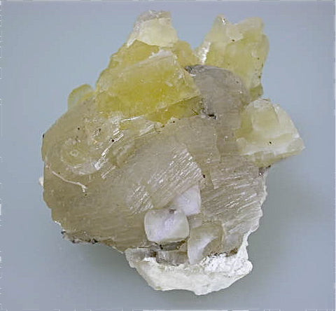 Witherite and Fluorite, Bethel Level Minerva #1 Mine, Minerva Oil Company, Cave-in-Rock District, Southern Illinois, Mined c. 1960s, Bynum Collection, Small Cabinet 3.5 x 4.0 x 4.0 cm, $200.  Online 8/20 SOLD