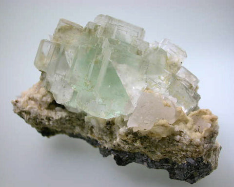 Fluorite on Calcite and Sphalerite, Naica Complex, Chihuahua, Mexico, Mined c. 1990s, Gail Hall Collection WM96-06, Small Cabinet 4.0 x 5.5 x 8.5 cm, $125. Online 8/26 SOLD
