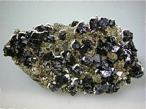 Sphalerite and Pyrite, Trepca Complex, Kosovska Municipality, Kosovo, Mined 2014, Medium Cabinet 3.5 x 9.0 x 15.0 cm, $125.  Online 11/12/14. SOLD.