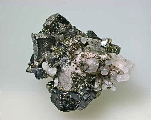 SOLD Pyrite on Arsenopyrite with Sphalerite and Quartz, Trepca Complex near Mitrovica, Kosovska Municipality, Kosovo, Mined 2014, Miniature 3.5 x 4.5 x 5.0 cm, $50.  Online 11/13/14.