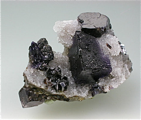 Fluorite and Galena on Quartz with Sphalerite, Cave-in-Rock District a ttr:  Hill-Ledford Mine, Ozark-Maho ning Company, Southern Illinois, Mi ned c. 1960s, Miniature 3.5 x 4.0 x 6.0 cm, $150. Online 11/18/14. SOLD